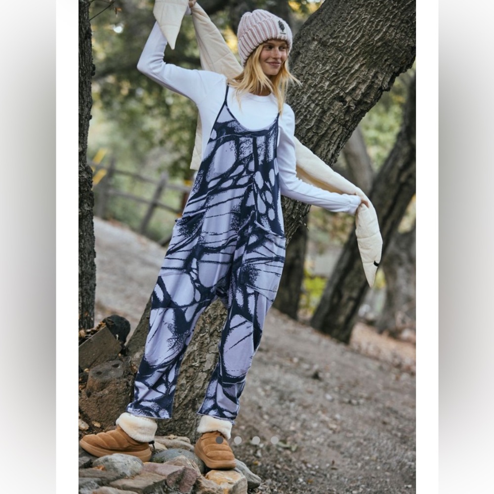 NWT FREE PEOPLE Movement Printed Hot Shot Onesie in Skylight Butterfly Navy